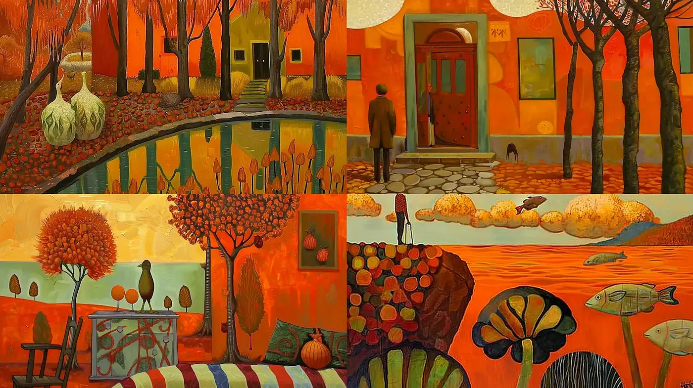 Vibrant Autumnal Landscapes with Surreal Elements - Midjourney sref style