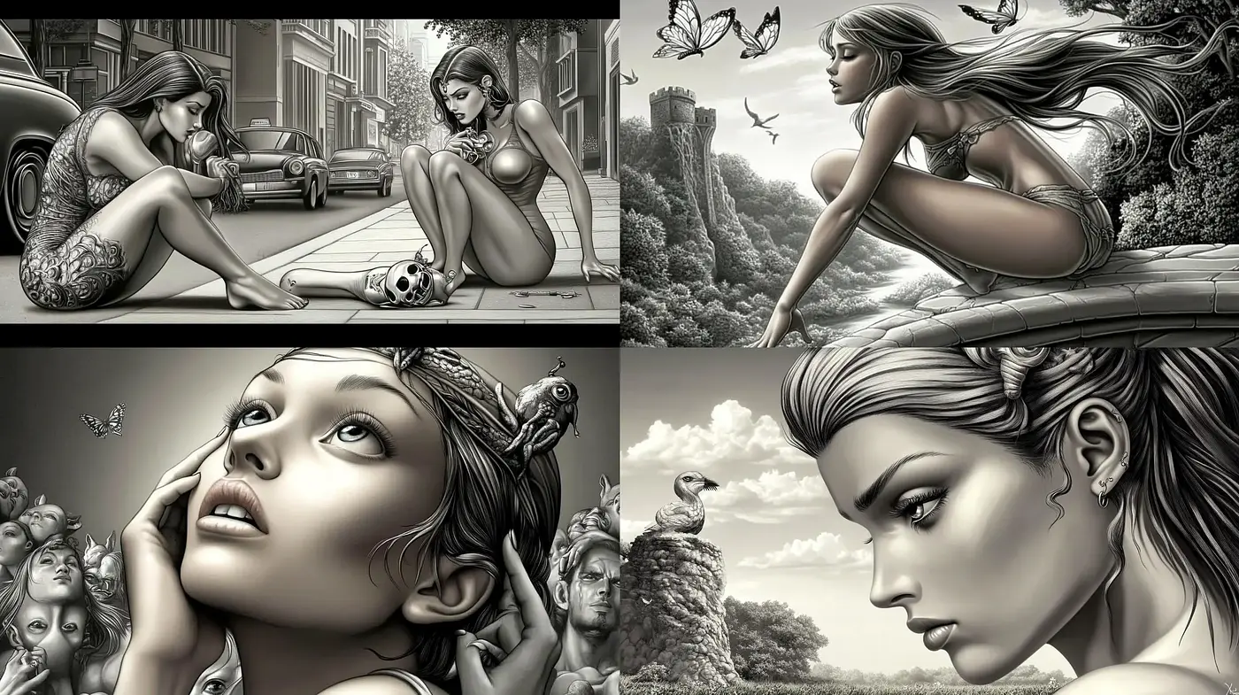 Monochromatic Elegance: Dreamlike Surrealism in Graphite Hues - Midjourney sref style