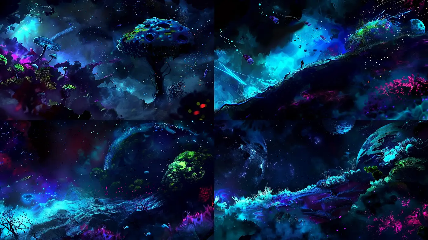 Ethereal Cosmic Dreamscape with Vivid Colors and Surreal Scenery - Midjourney sref style