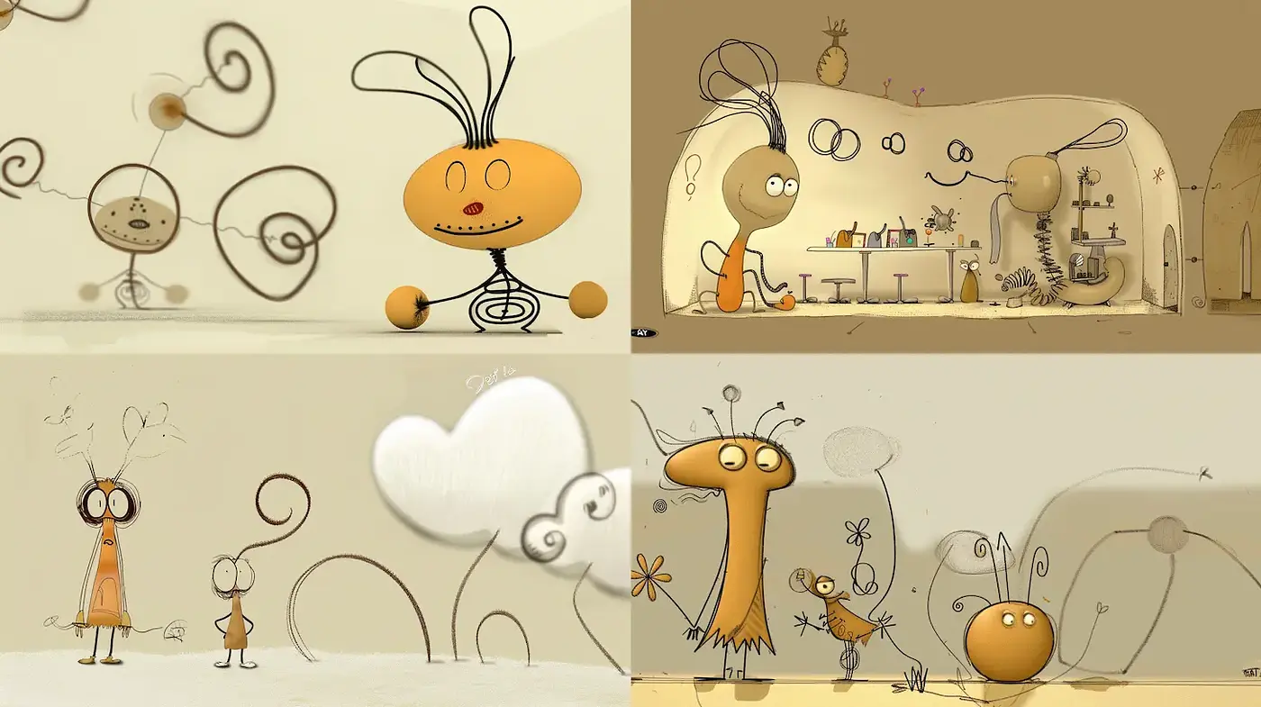 Playful and whimsical animated narrative with organic shapes - Midjourney sref style