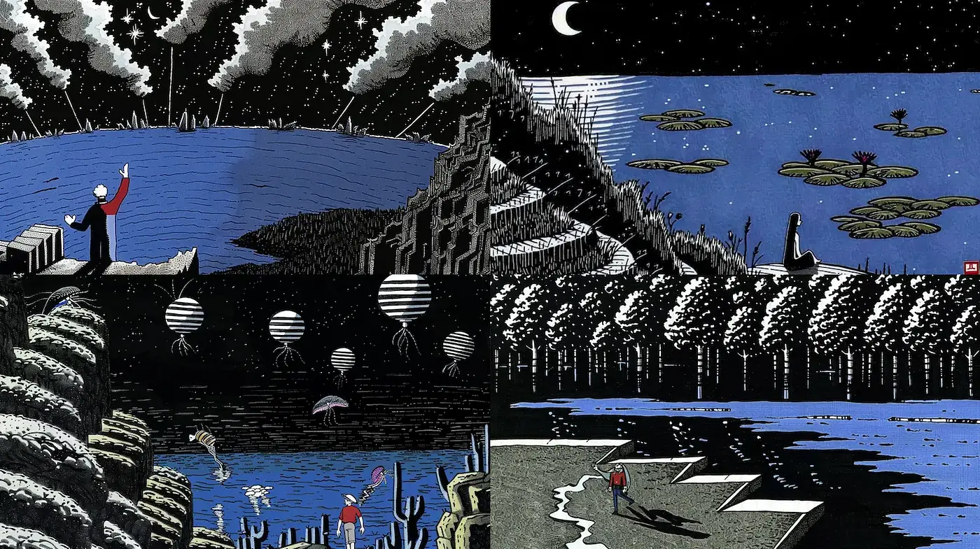 Surrealistic Exploration in Bold Blue Tones with Graphic Influences - Midjourney sref style