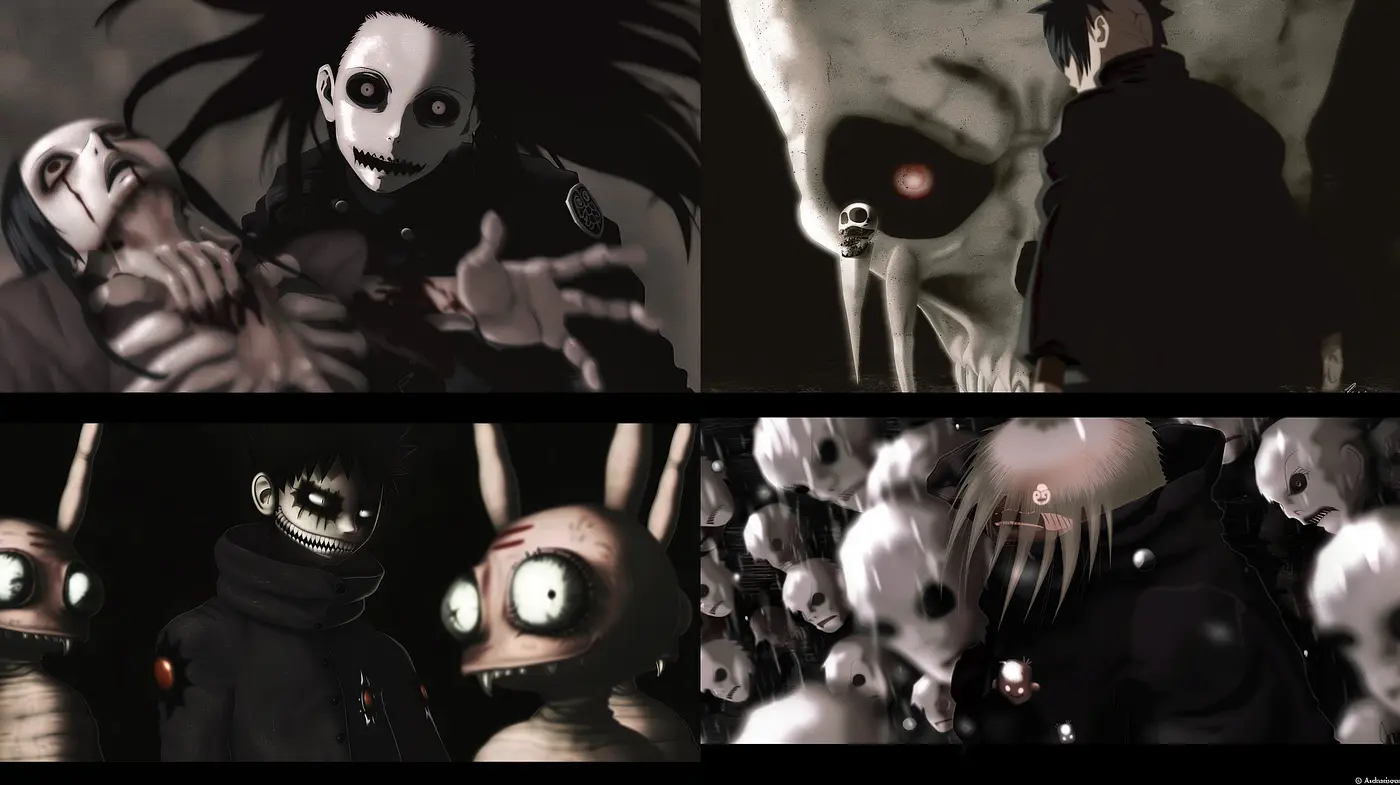 Eerie Monochromatic Nightmare: A Homage to Dark Anime and Surrealist Horror - Midjourney sref style