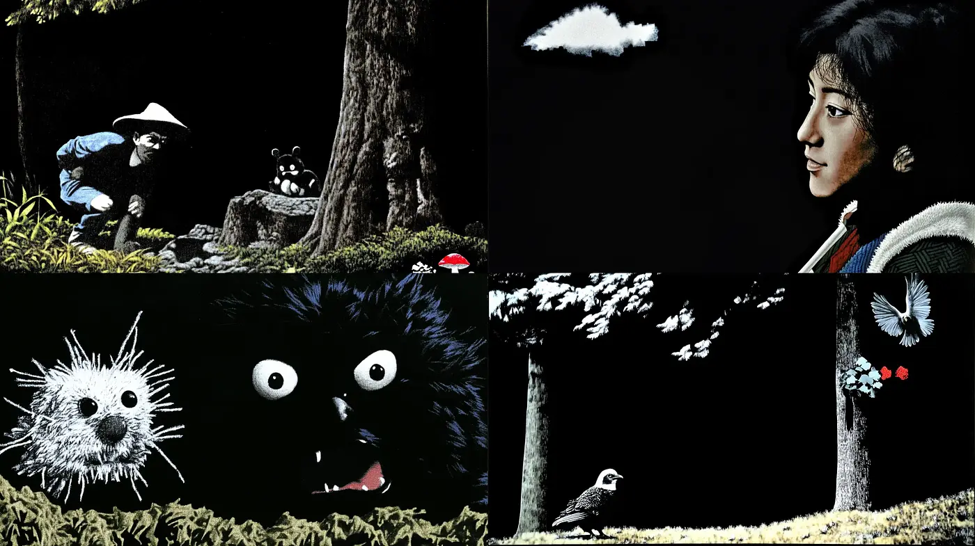Whimsical Nocturnal Dreamscape: A Blend of High-Contrast Silhouettes and Detailed Expressions - Midjourney sref style