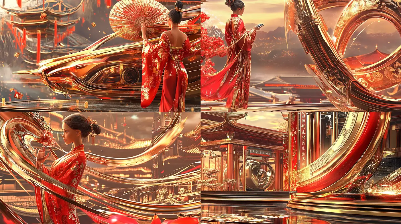 Crimson Elegance Amidst Gilded Architectural Fantasy - Midjourney sref style
