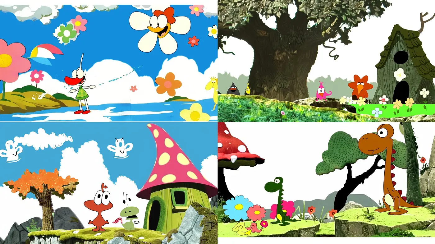 Cheerful Daydreams in Vivid Cartoon Vistas: A Whimsical Journey Through Saturated Colors and Simplistic Forms - Midjourney sref style