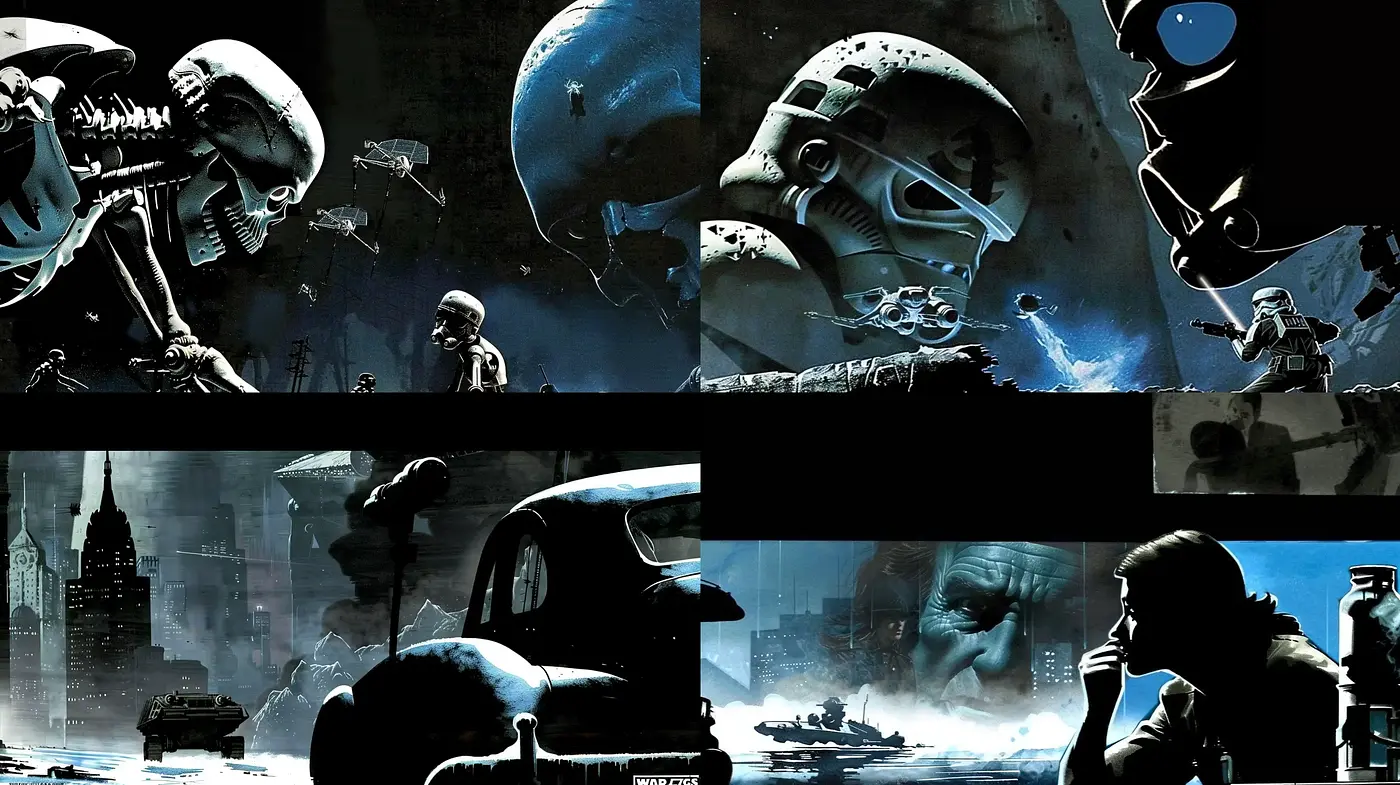 Noir-Inspired Sci-Fi Visions with a Distinctive Futuristic Dystopia Aesthetic - Midjourney sref style