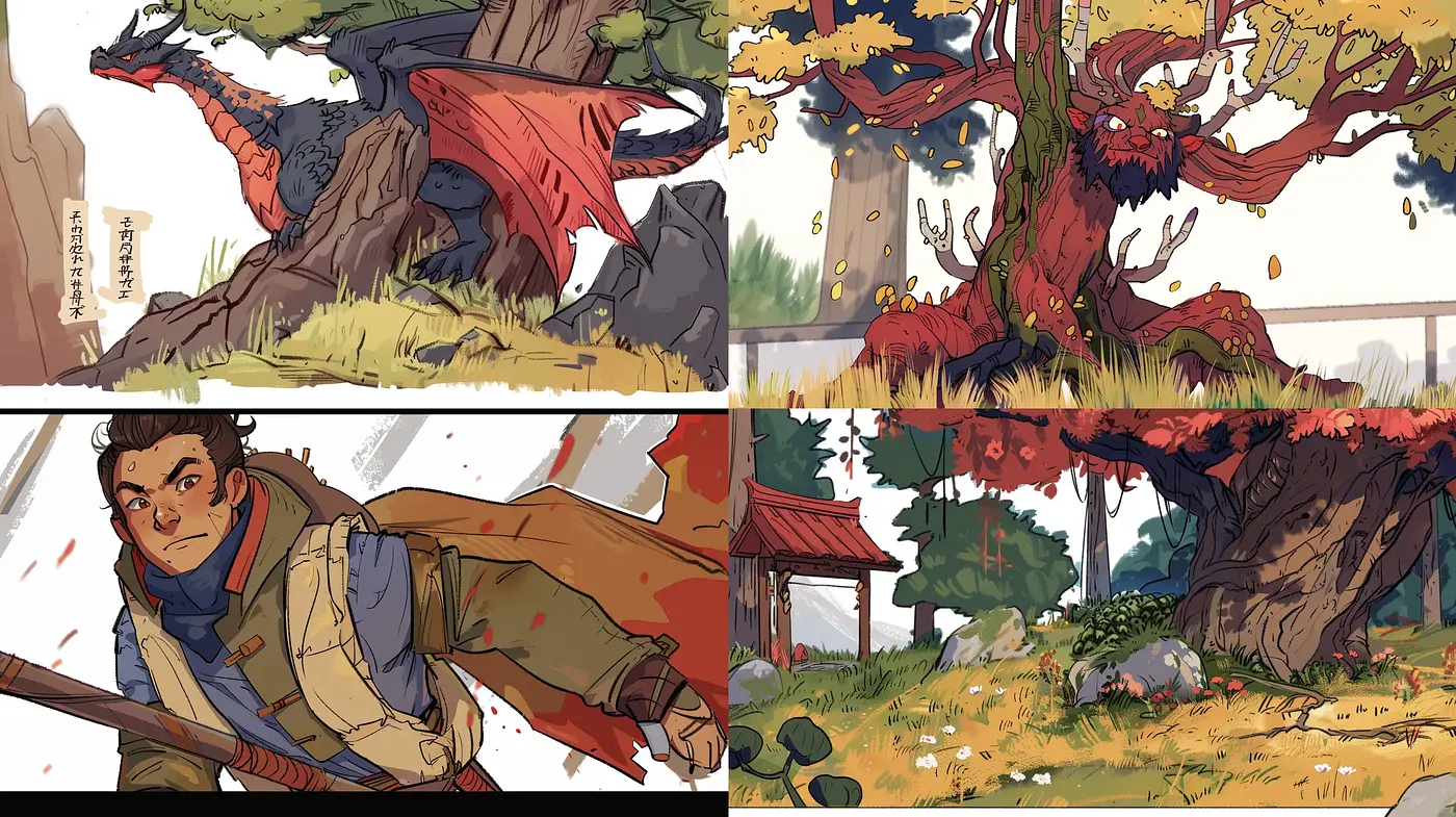 Dynamic Fantasia: An Energetic Blend of Anime and Illustrative Artistry - Midjourney sref style