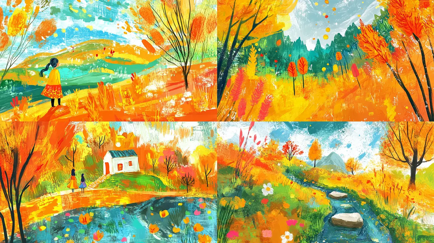 Vibrant Expressionist Autumnal Landscapes with Whimsical Charm - Midjourney sref style