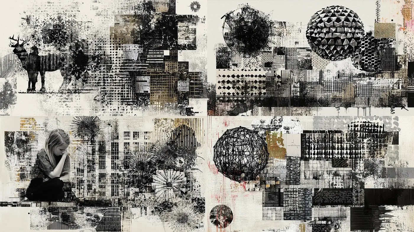 Abstract Textural Collage with Monochromatic Tones and Geometric Accents - Midjourney sref style