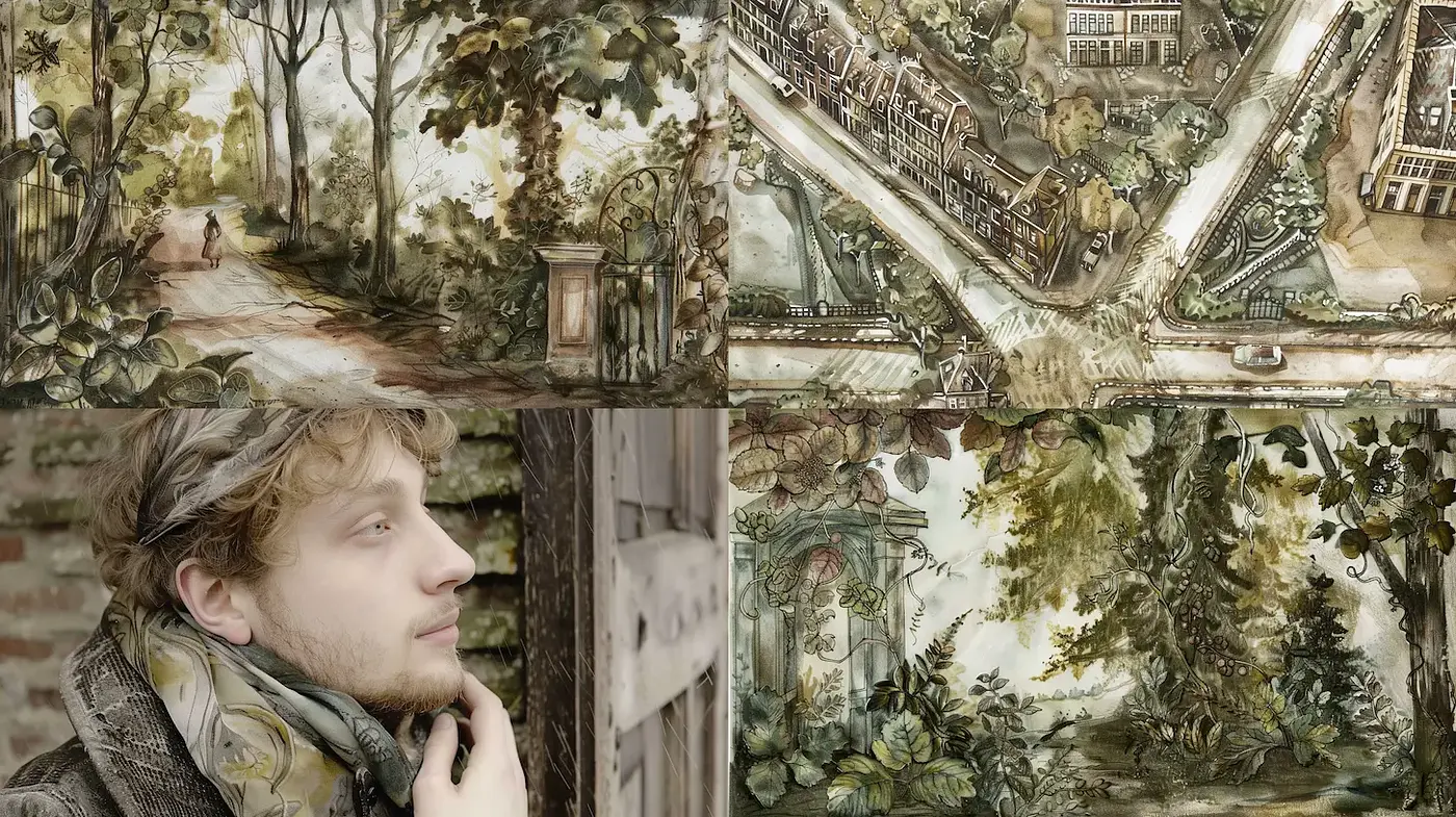 Elegant Fusion of Nature and Vintage Portraits with a Subtle Historical Influence - Midjourney sref style
