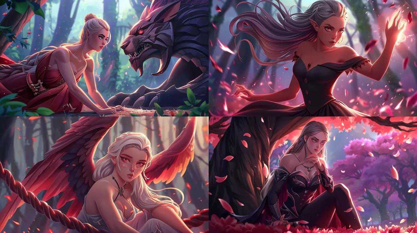 Enchanted Crimson Twilight: A Harmony of Fantasy and Elegance in Digital Art - Midjourney sref style