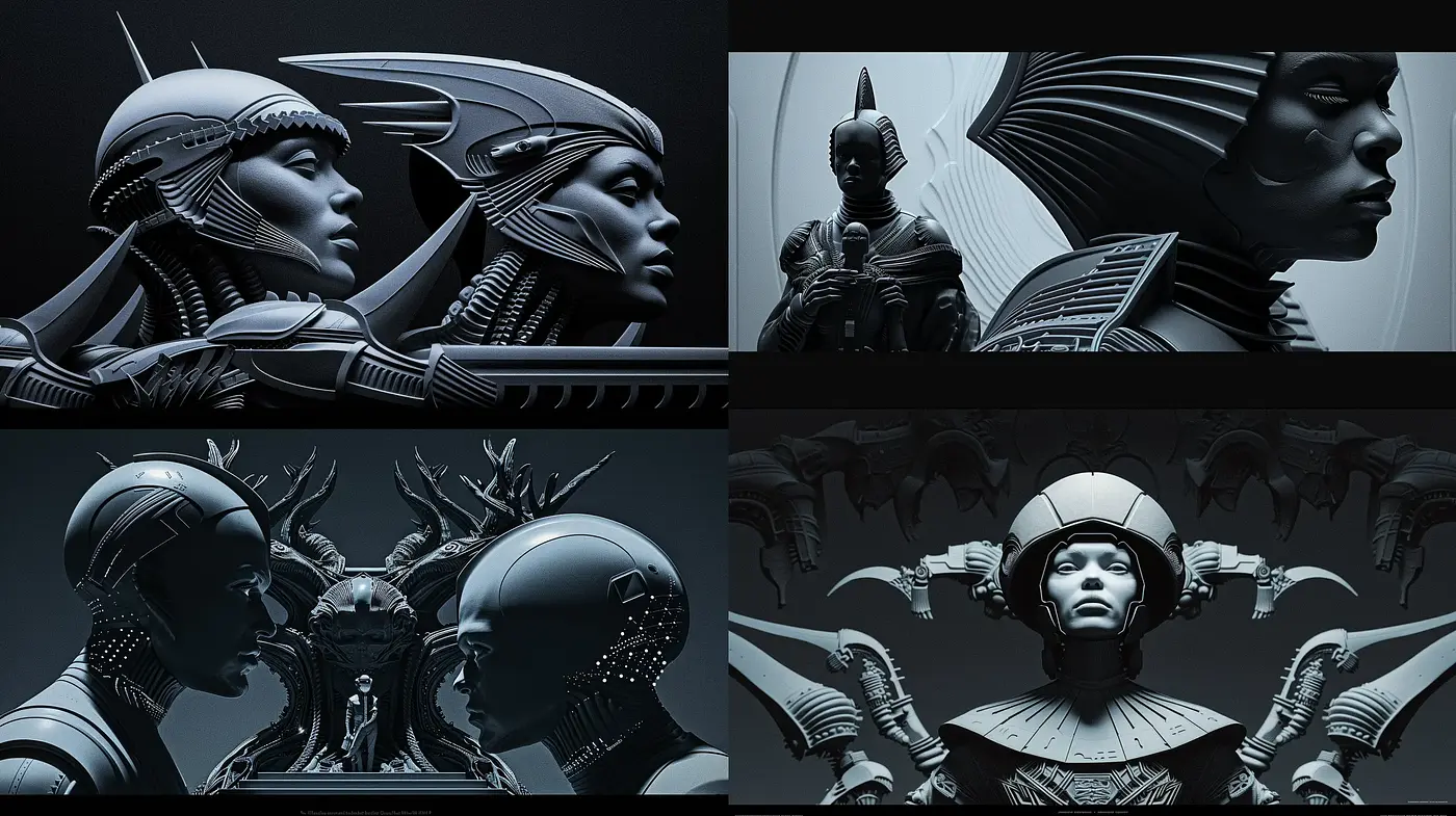 Monochromatic Futuristic Elegance with Biomechanical Overtones - Midjourney sref style