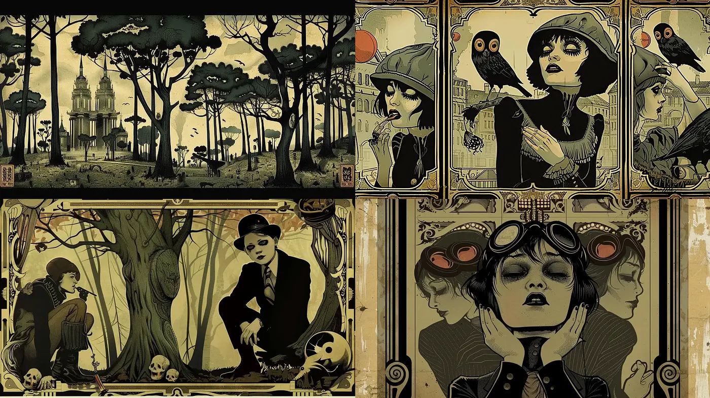 Elegantly Macabre Art Nouveau Revival with Gothic Undertones - Midjourney sref style