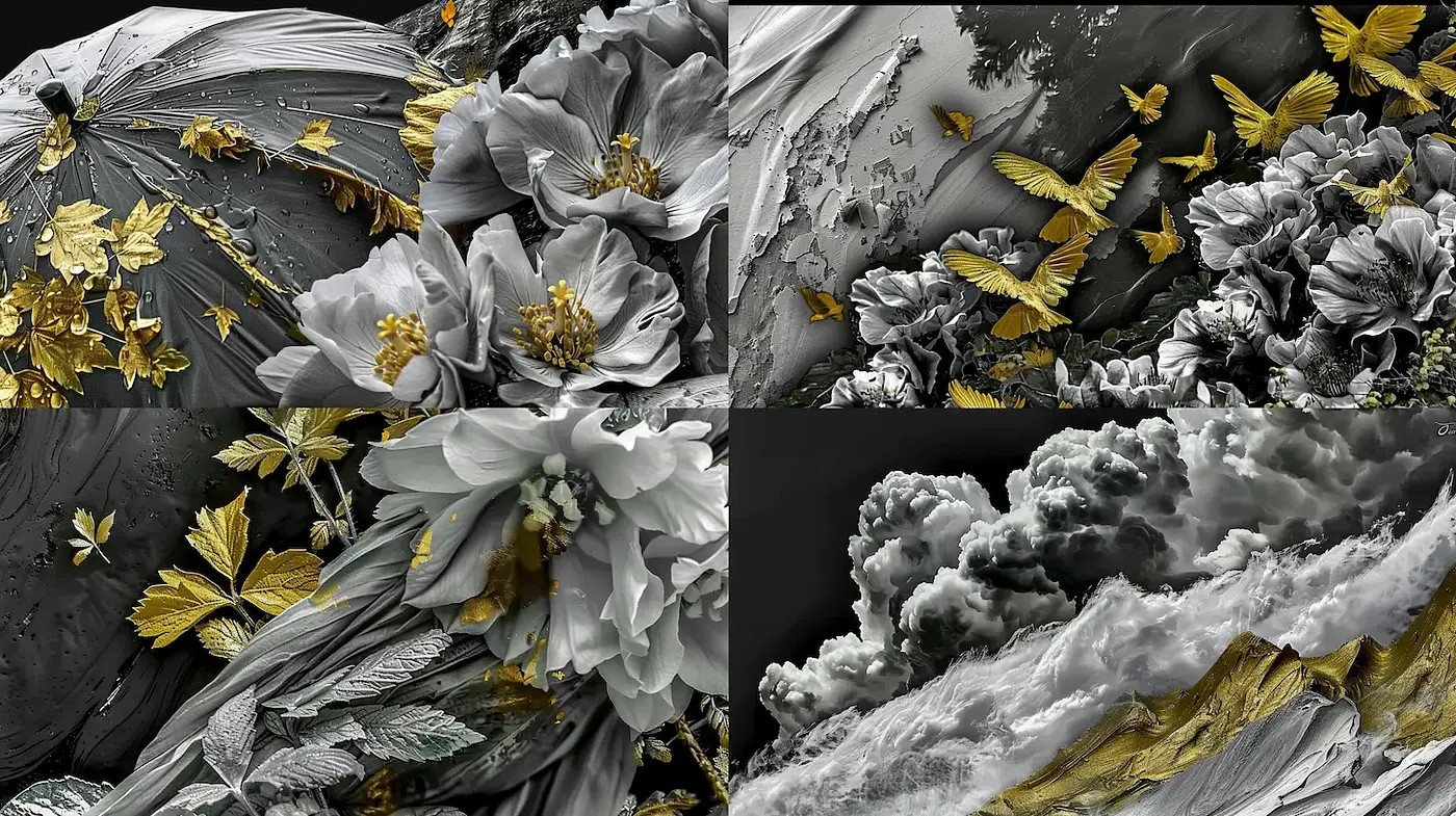 Intricate Nature-inspired Abstract with Metallic Accents and Dynamic Textures - Midjourney sref style