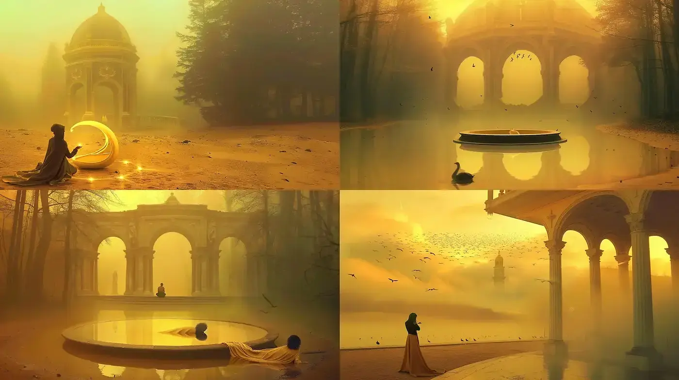 Ethereal and Dreamlike Serenity in a Golden Landscape - Midjourney sref style