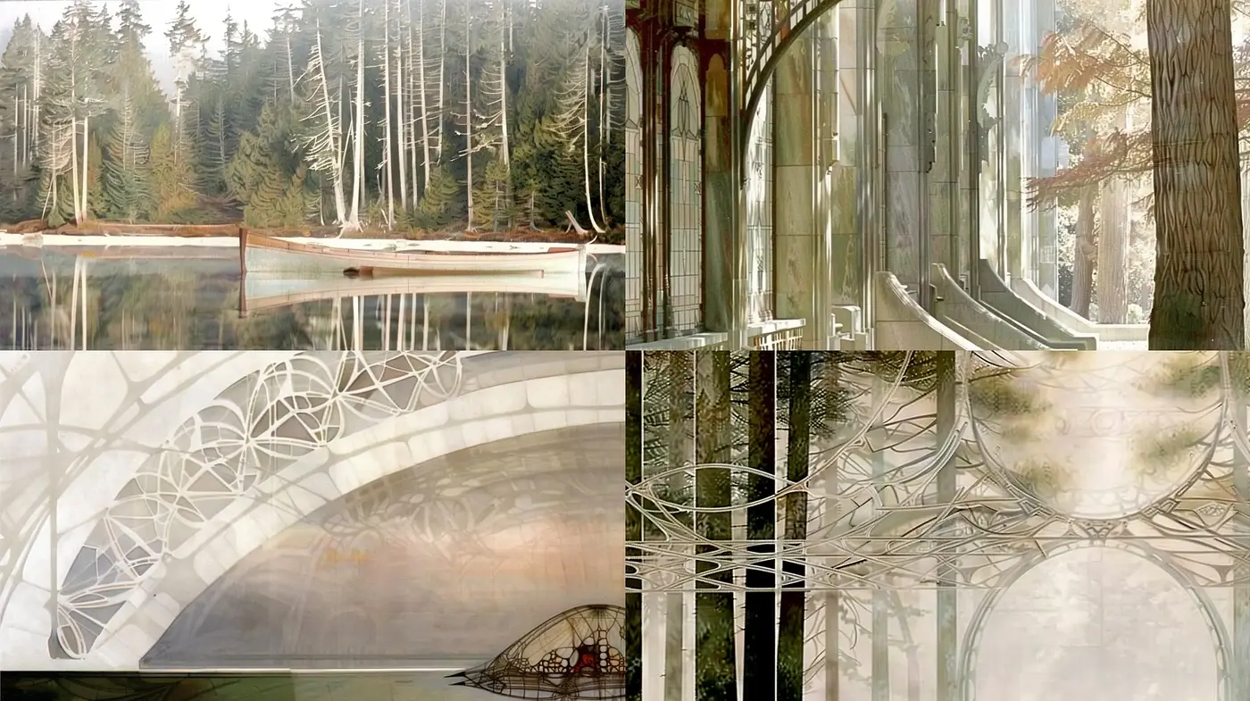 Ethereal Forest and Architecture Fusion in Sepia Tones - Midjourney sref style