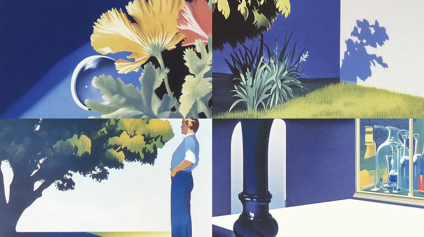 Surreal Calmness in Blue: Harmonious Nature and Architecture Blending - Midjourney sref style
