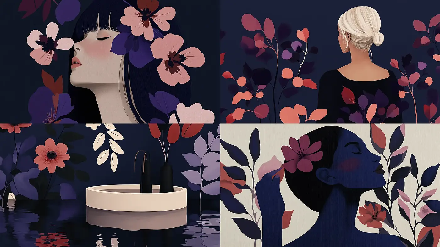 Ethereal Floral Nocturne: A Symphony of Indigo and Blush - Midjourney sref style