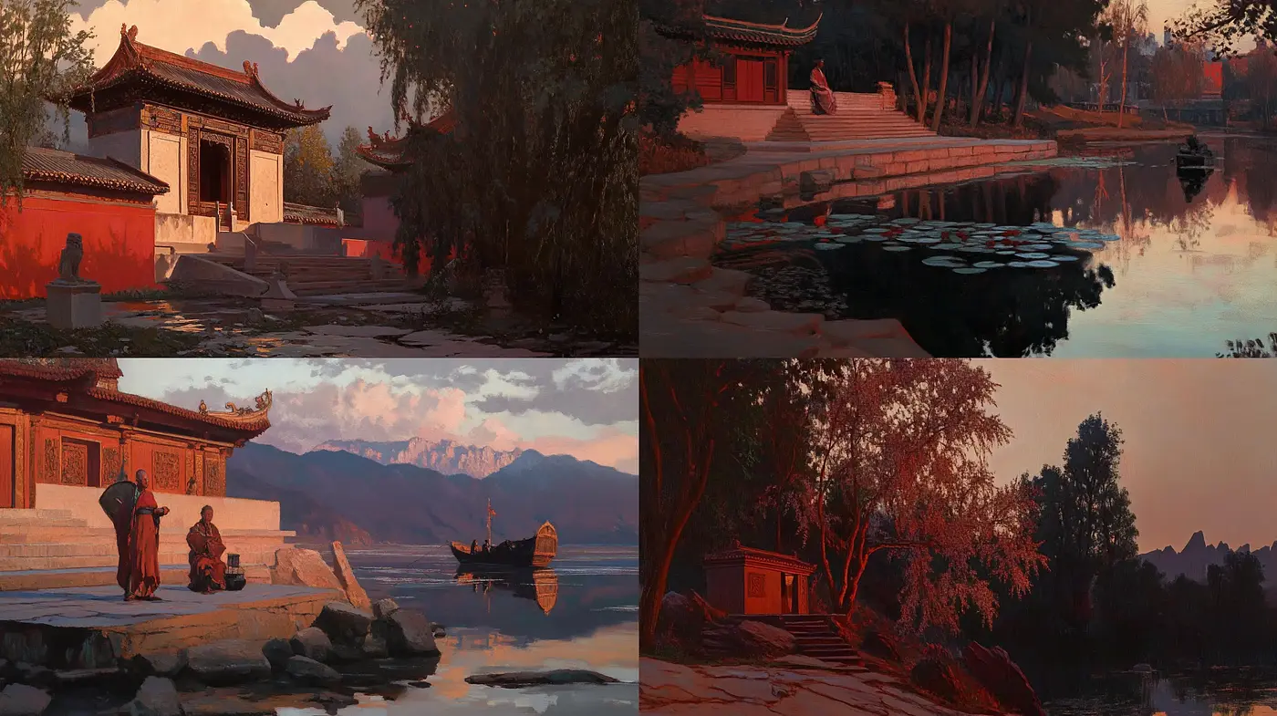 Tranquil Dusk Hues in a Stylized Traditional Landscape - Midjourney sref style
