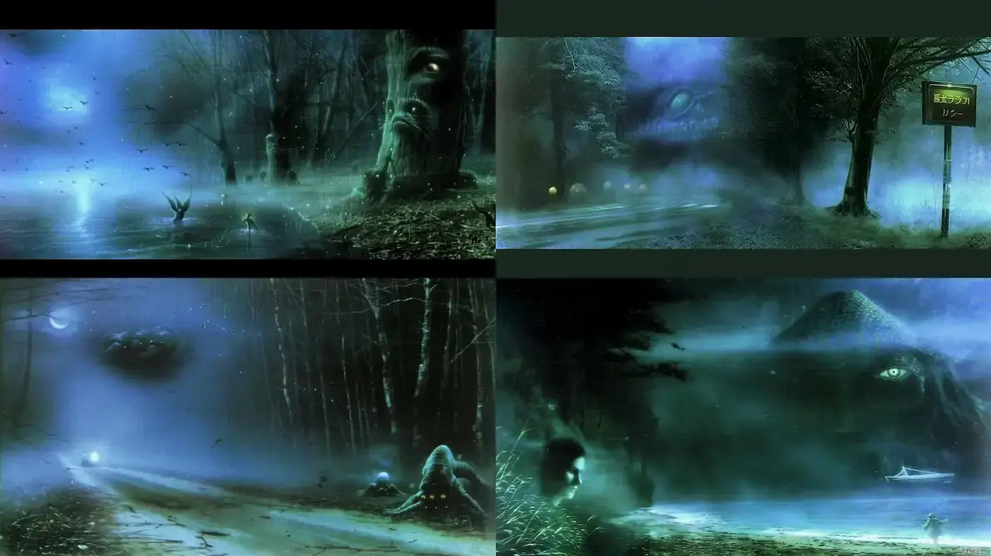 Eerie and Atmospheric Wilderness with Surreal Elements - Midjourney sref style
