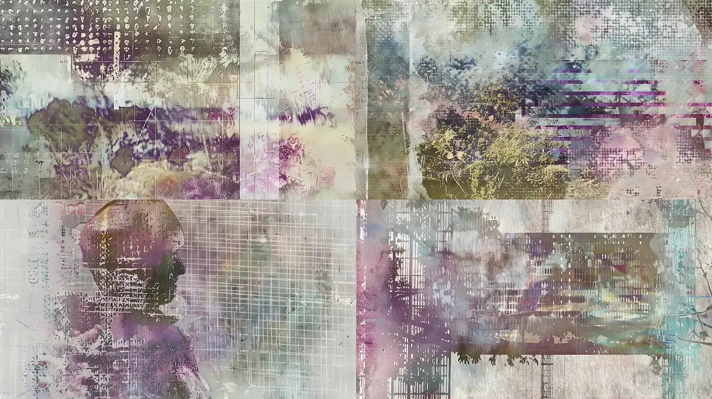 Ethereal Textural Symphony in Muted Purples and Greens - Midjourney sref style
