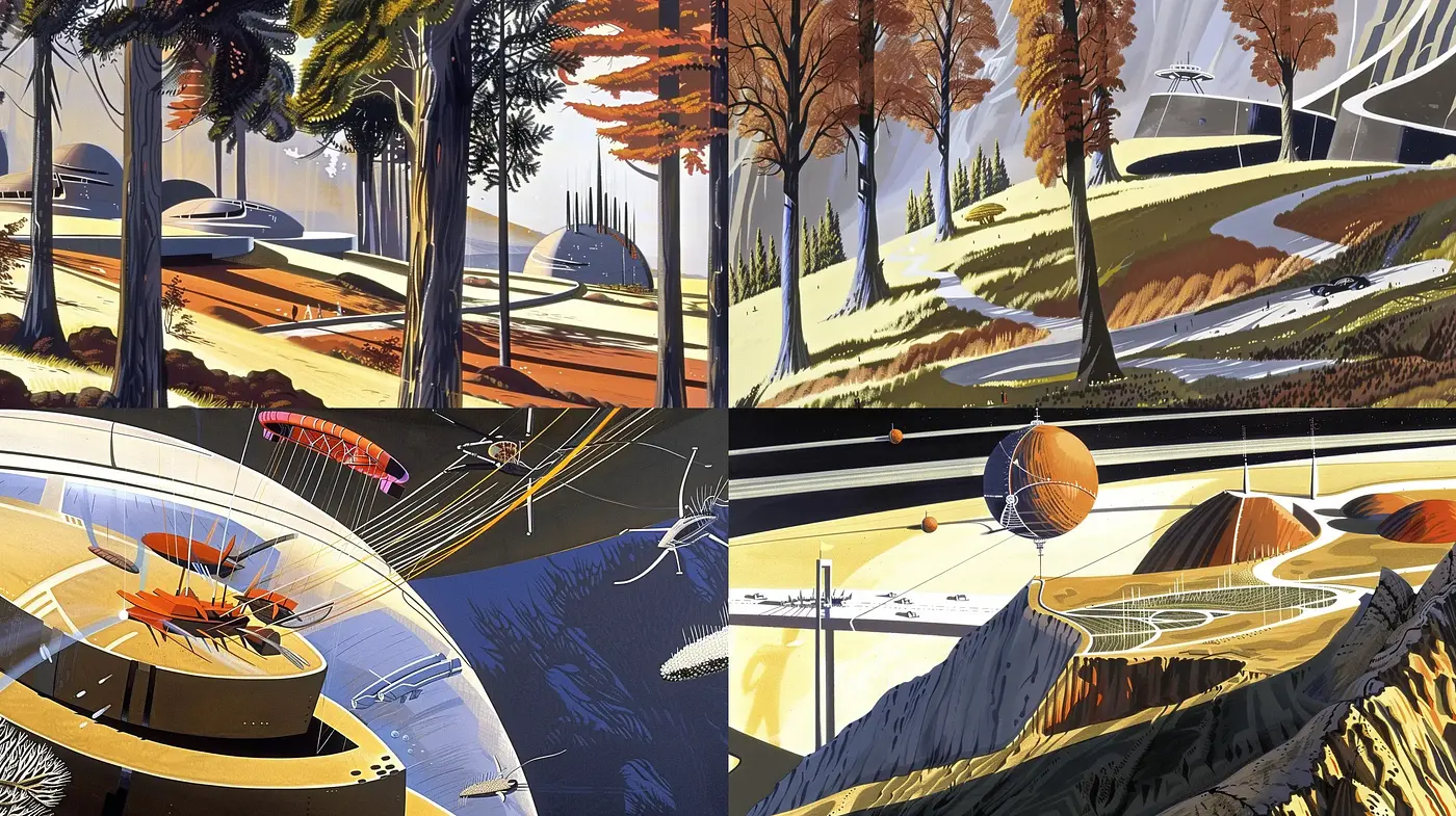 Futuristic Retro Vistas: A Harmonious Blend of Mid-Century Modern Design and Sci-Fi Aspirations - Midjourney sref style