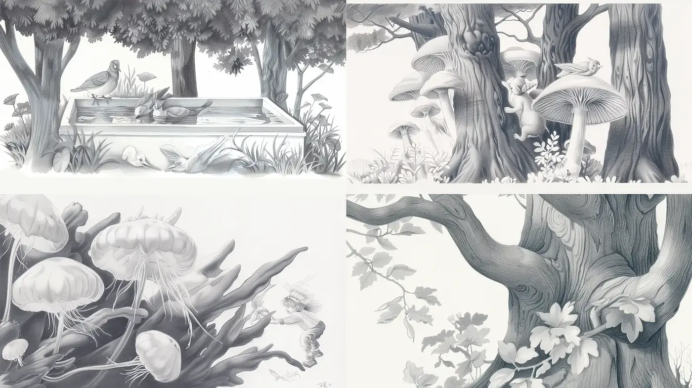 Whimsical Nature Illustrations with Monochrome Elements - Midjourney sref style