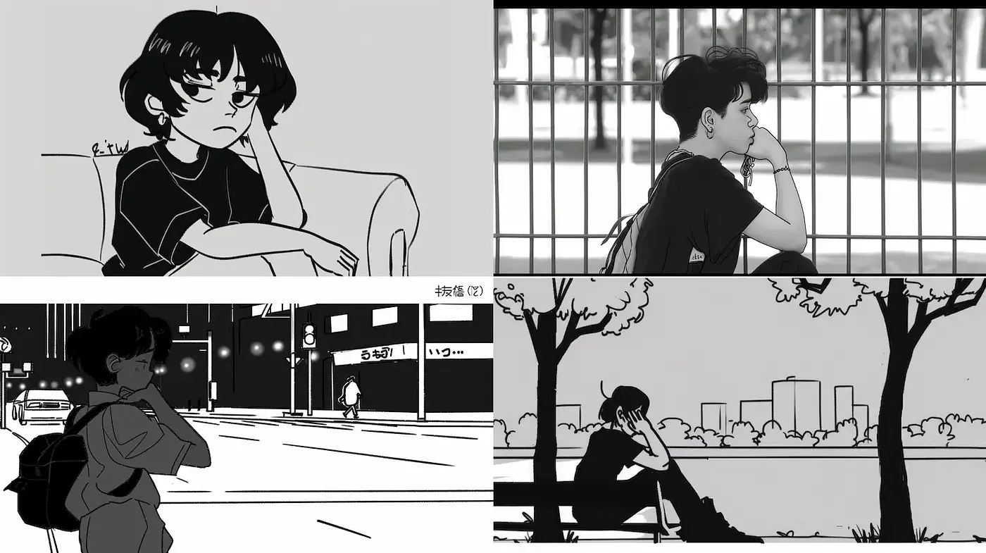 Monochromatic Urban Narratives with a Contemporary Edge - Midjourney sref style