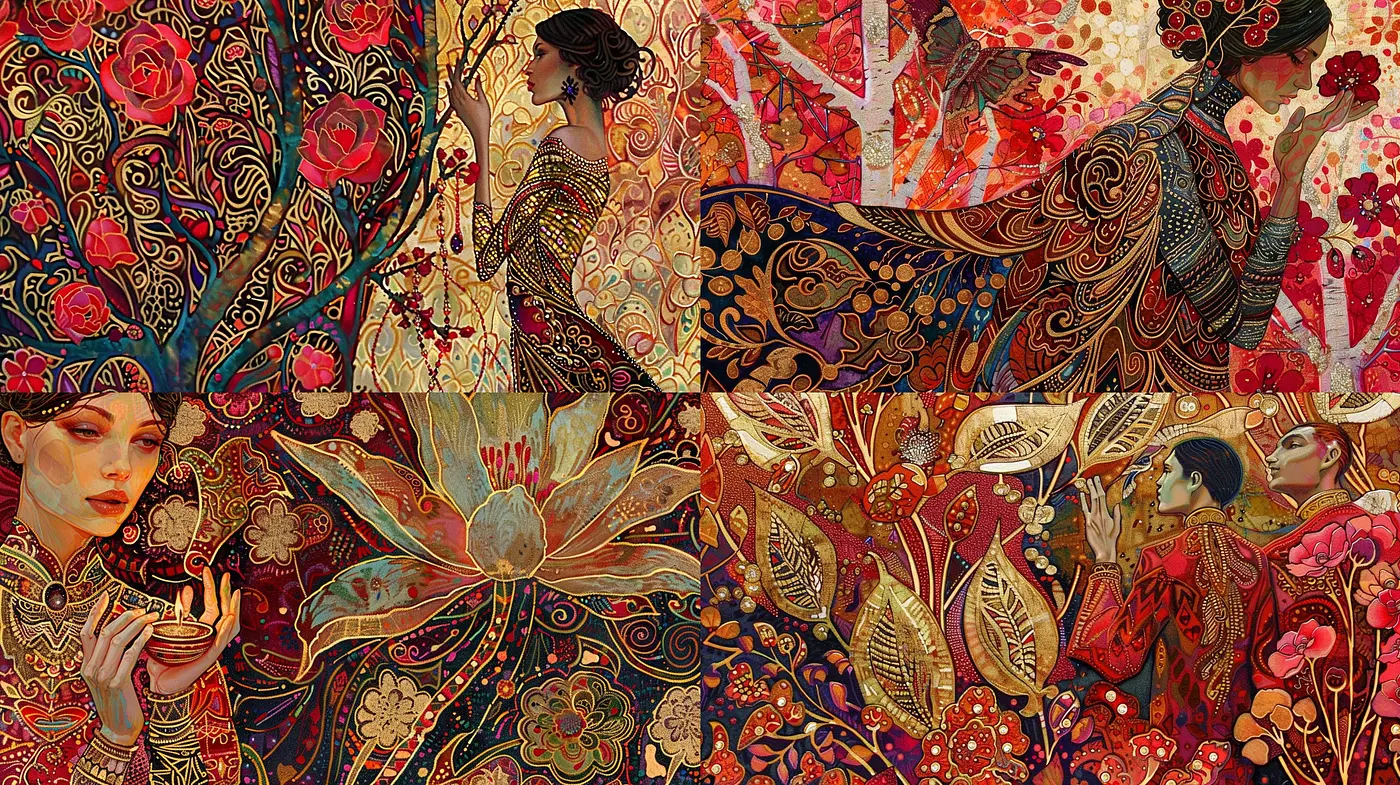 Ornate Tapestry of Ephemeral Dreams: A Fusion of Art Nouveau Elegance and Lush Botanical Motifs - Midjourney sref style
