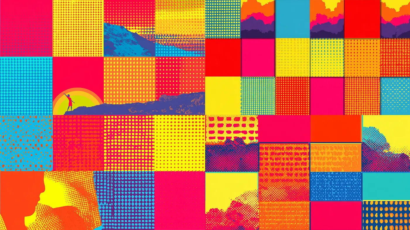 Vibrant and Geometric Pop Art Composition with Dot Patterns - Midjourney sref style
