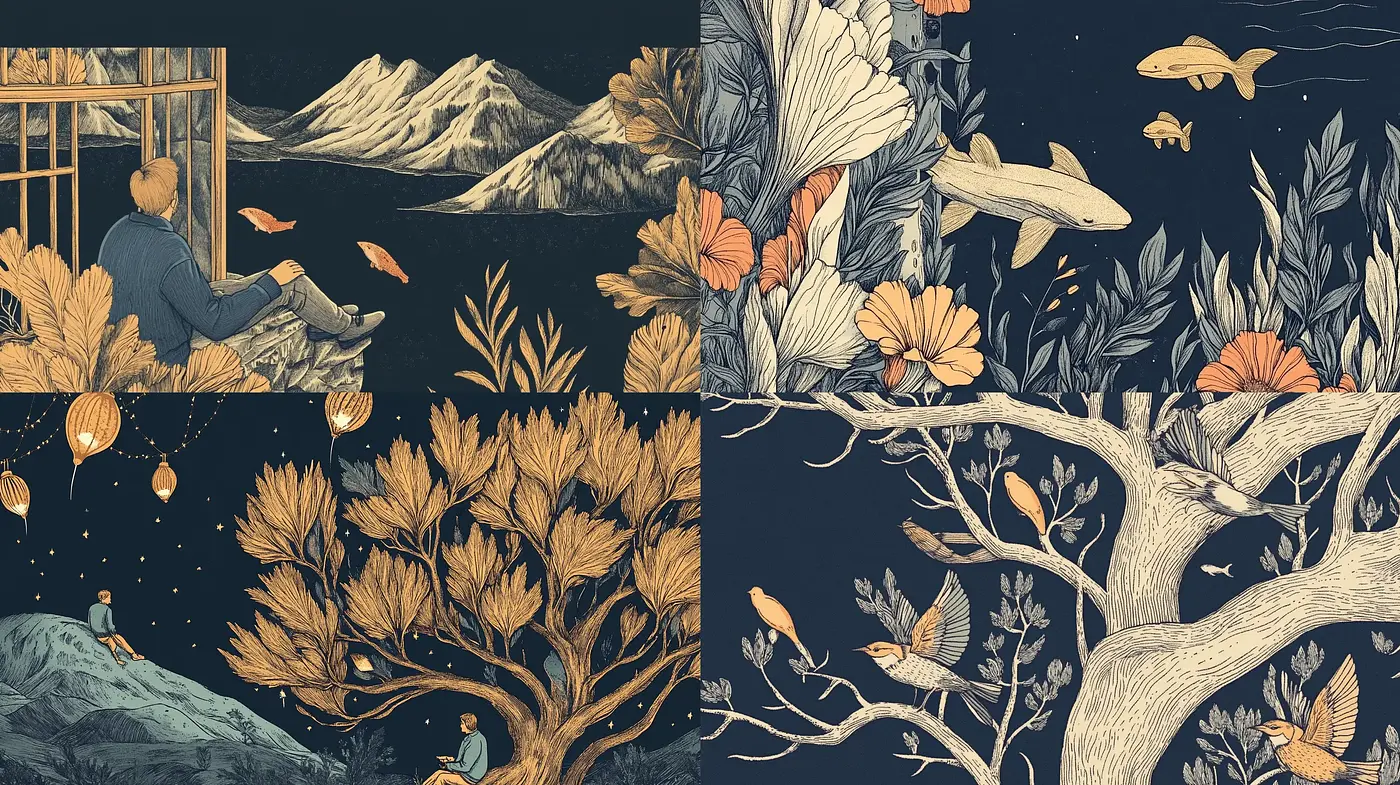 Tranquil Elysian Gardens: A Serene Narration in Earth Tones and Celestial Blues - Midjourney sref style