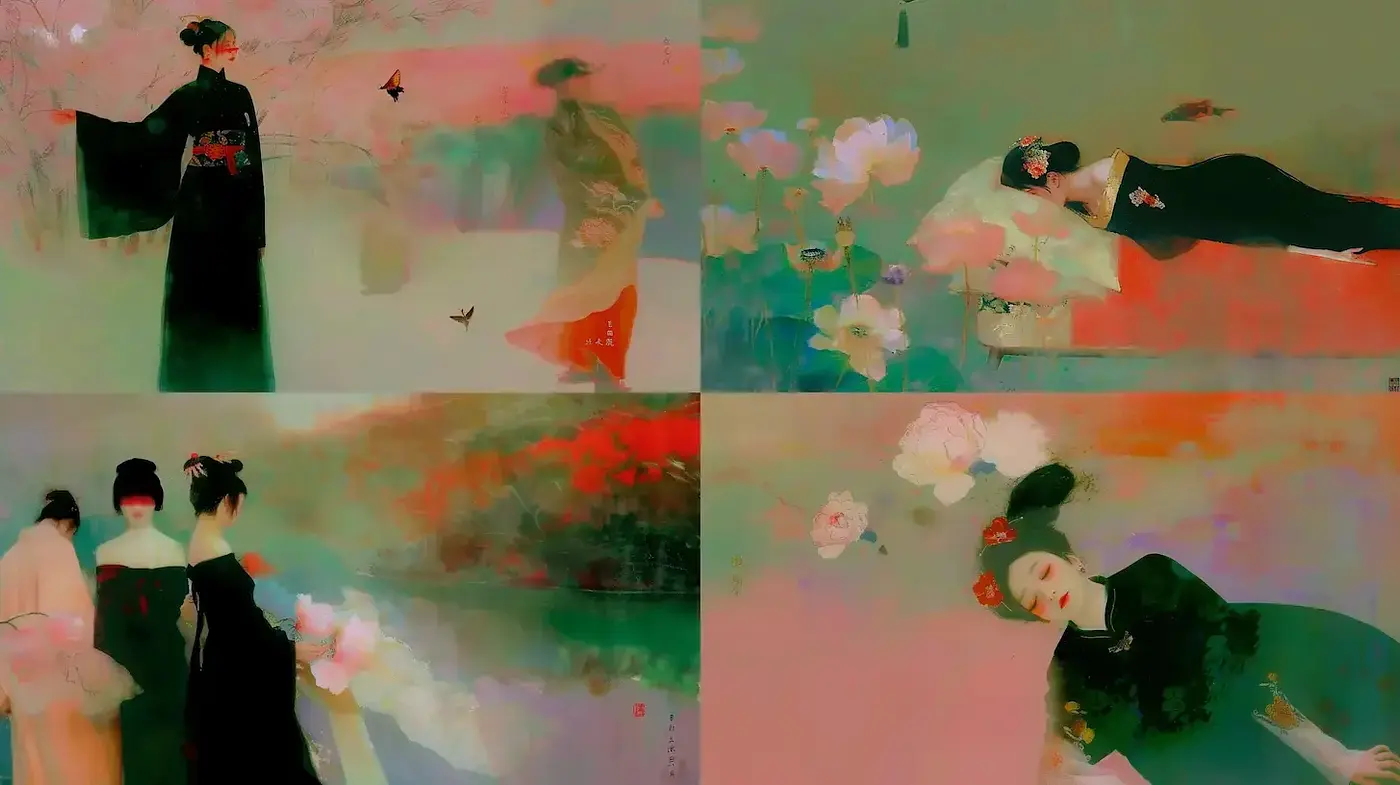 Delicate Expression of Nature and Femininity in a Harmonious Palette - Midjourney sref style