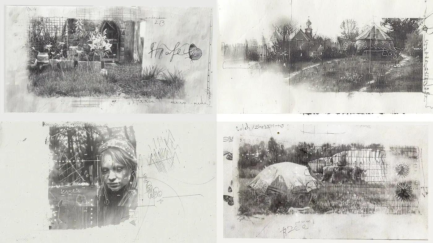 Monochromatic Sketchbook Reverie - Midjourney sref style