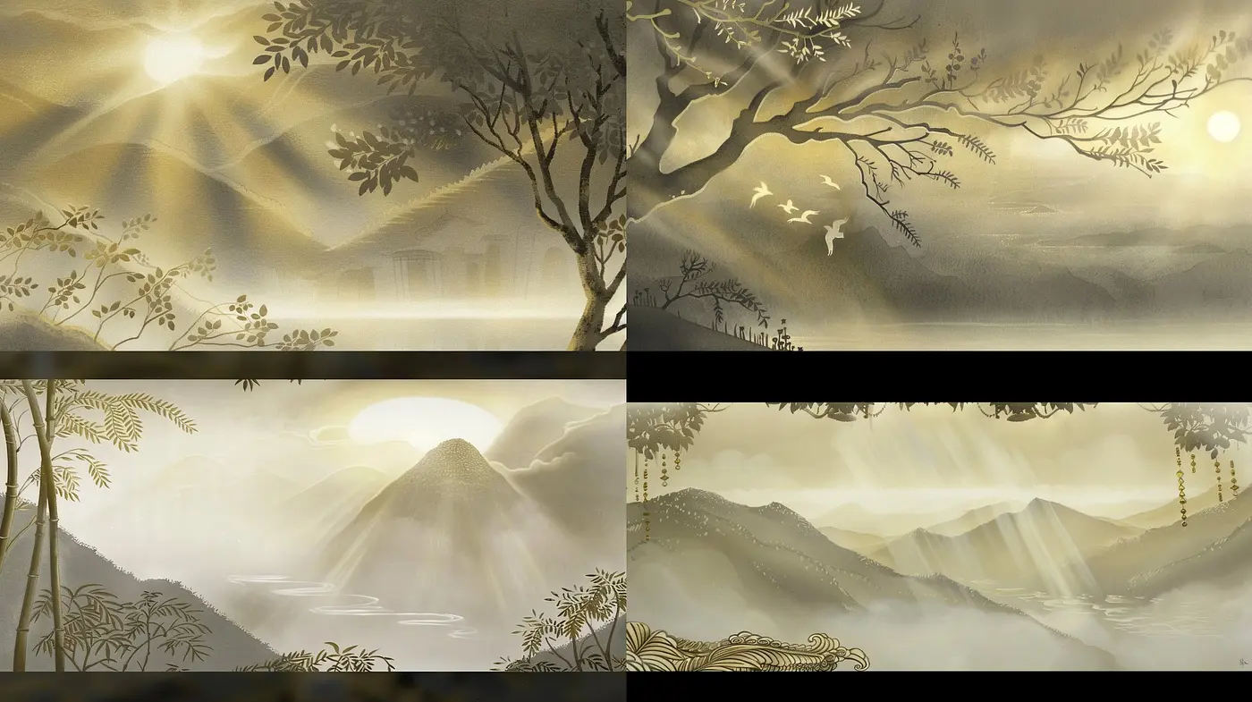 Ethereal Glimmers: A Panoramic Fusion of Luminous Nature and Tranquil Landscapes - Midjourney sref style