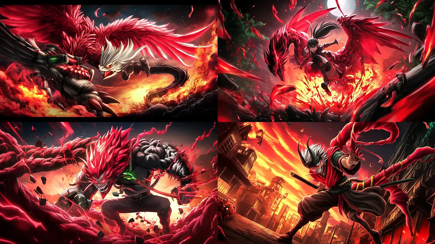 Epic Crimson Battle Saga: A Fusion of Dynamic Anime Artistry and Intense Action Storytelling - Midjourney sref style