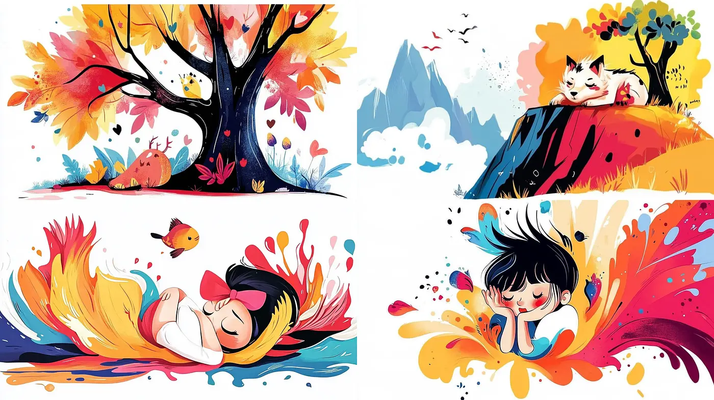 Vibrant, whimsical art with playful, emotive characters and dynamic textures - Midjourney sref style