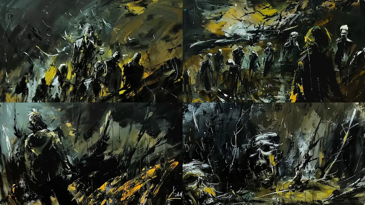 Dynamic and expressive reinterpretation of a moody atmosphere with stark contrasts - Midjourney sref style