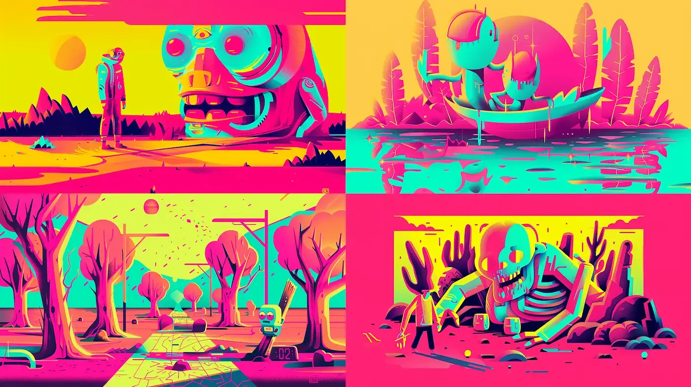 Colorful and Playful Futuristic Landscapes with a Surreal Twist - Midjourney sref style