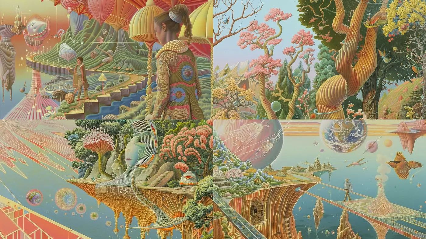 Surreal Panoramic Dreamscape with Vibrant Organic Textures and Ethereal Tones - Midjourney sref style