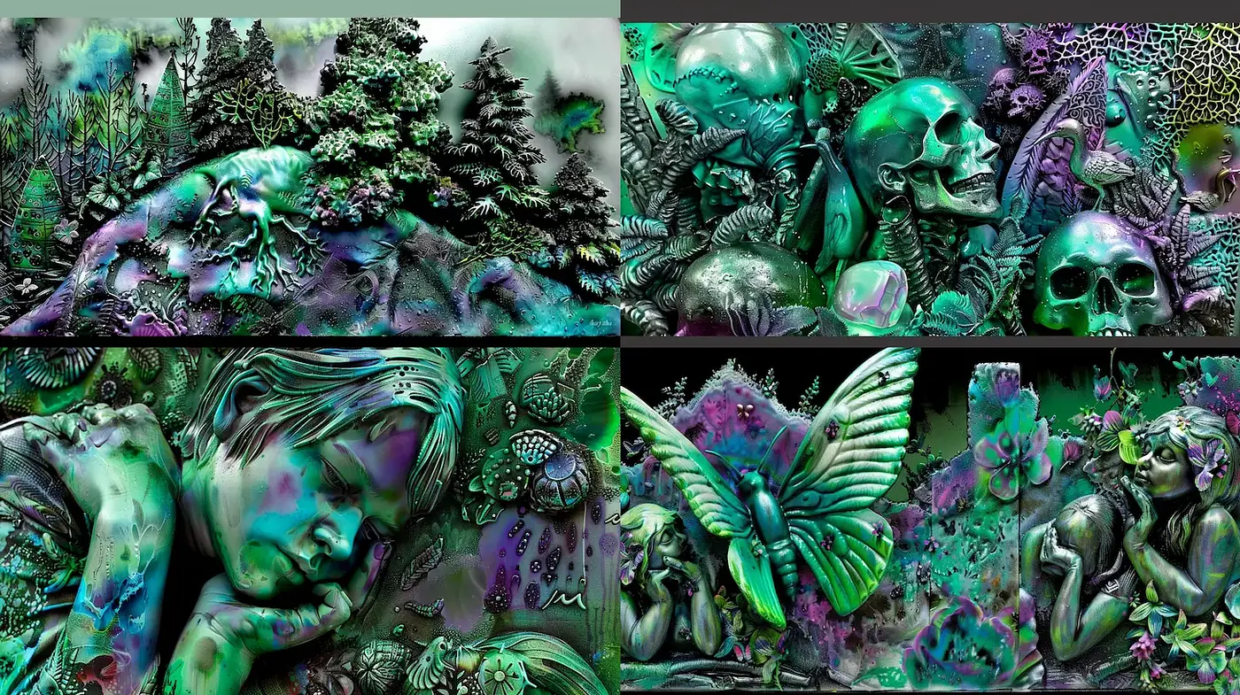 Surreal and Dark Fantasy Style with Vibrant Elements - Midjourney sref style