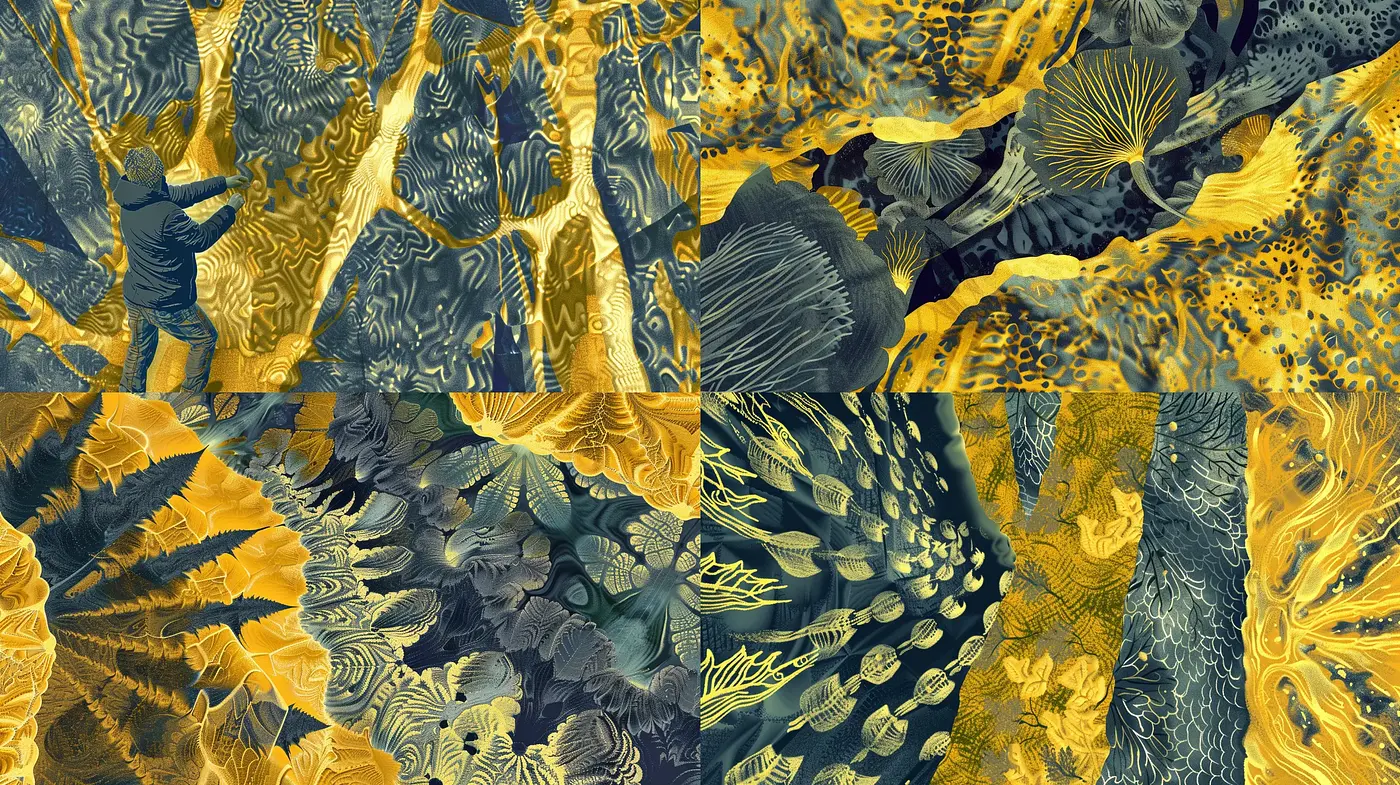 Aurelian Dreamscape: An Abstract Floral Panorama with Metallic Tones - Midjourney sref style
