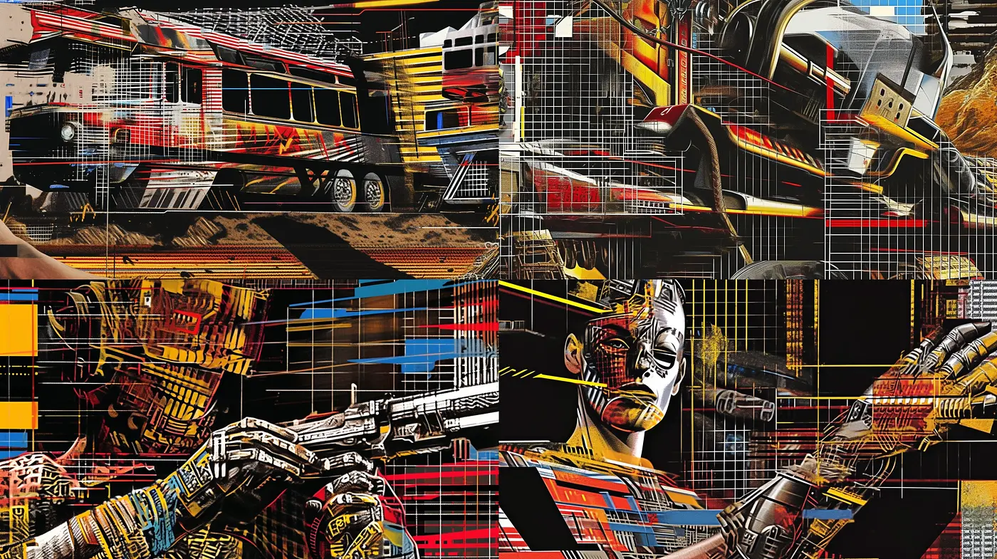Abstract Dystopian Tapestry: A Harlequin of Technological Overload - Midjourney sref style