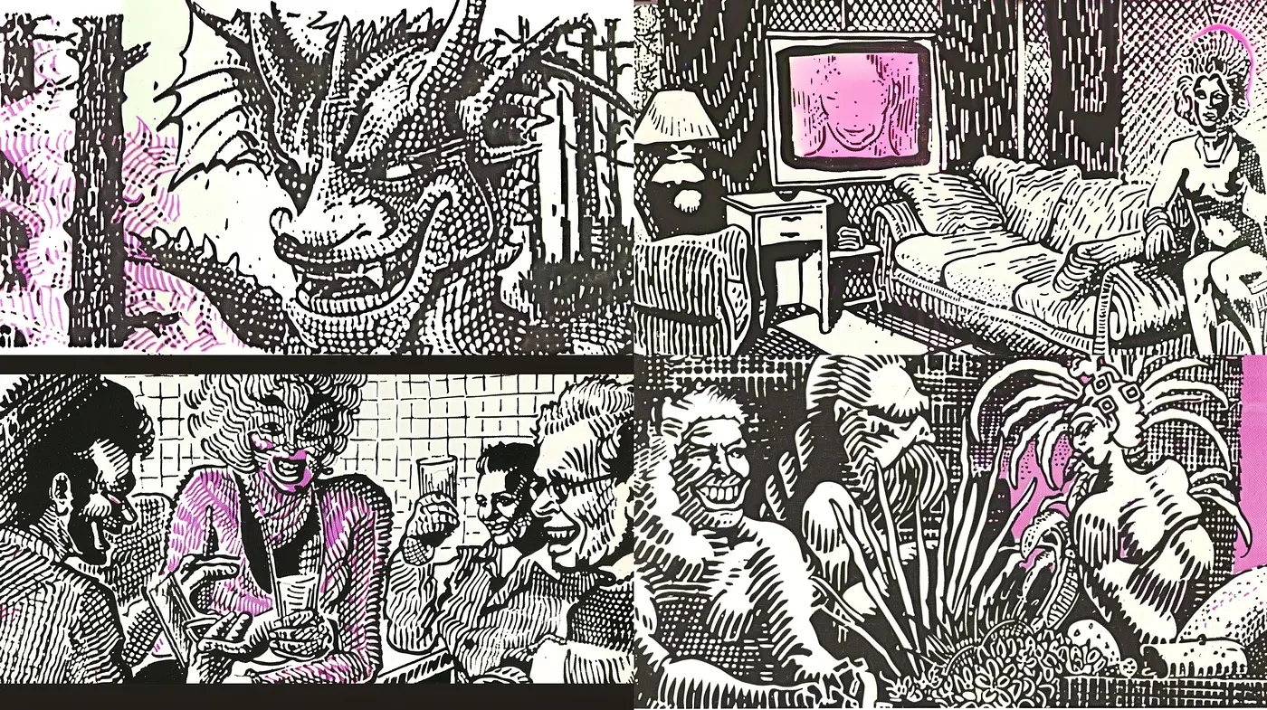 Intriguing Retro Expressionism with a Monochrome Magenta Twist - Midjourney sref style