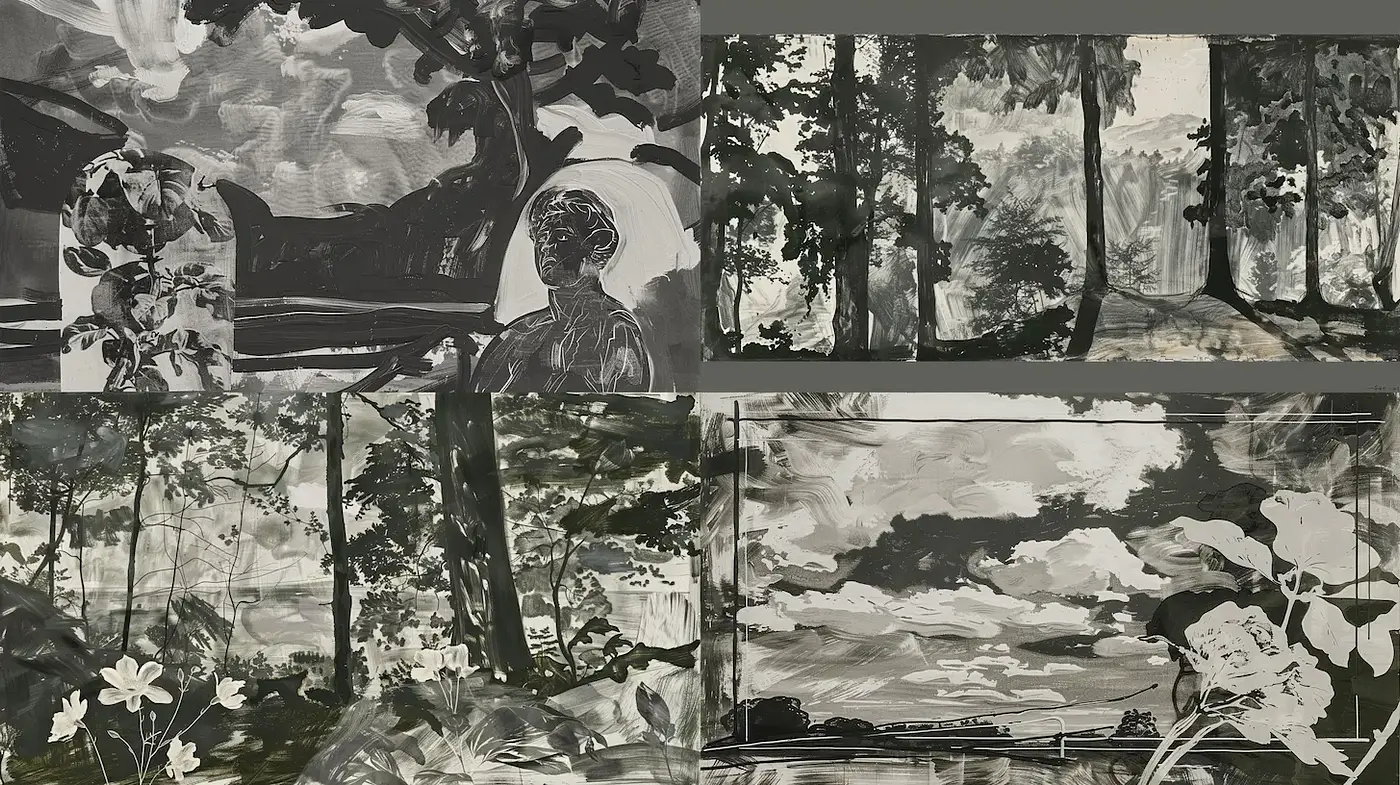 Monochromatic and expressive landscapes with a vintage allure - Midjourney sref style