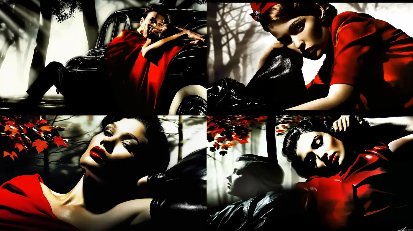 Dramatic, high-contrast visual narrative with noir elements - Midjourney sref style