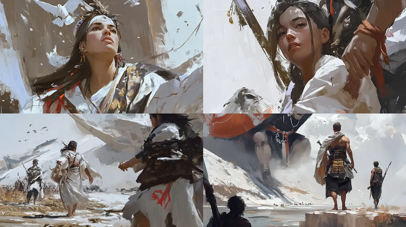 Rustic Brushwork Harmony with Nostalgic Adventurous Undertones - Midjourney sref style