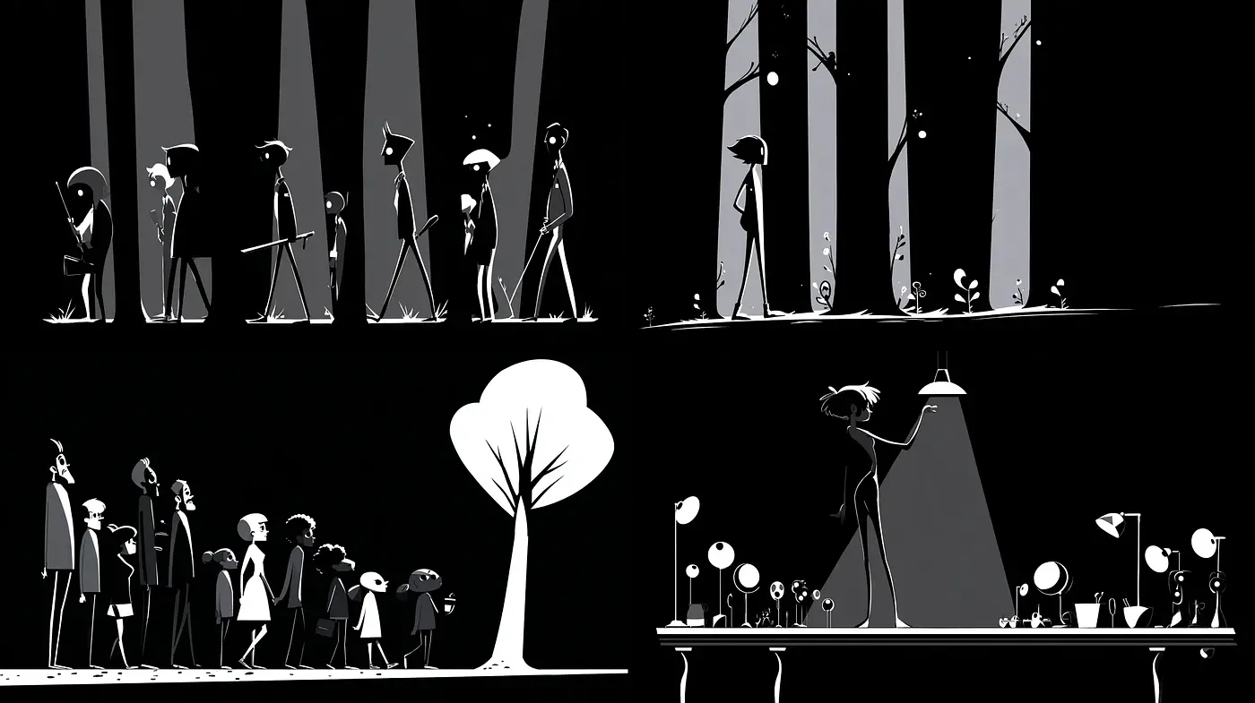 Stylized Black and White Illustrations with a Narrative Quality - Midjourney sref style
