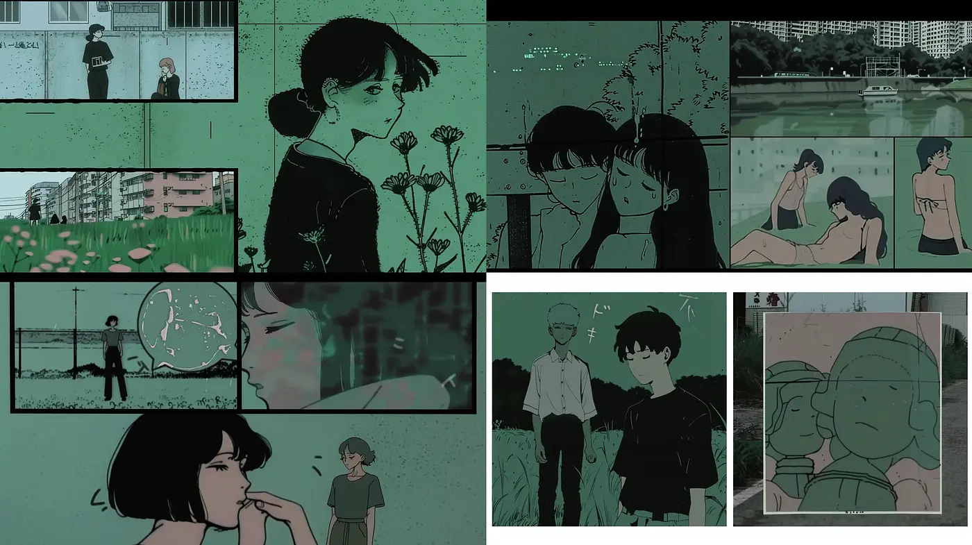 Melancholic Green-Toned Anime-Inspired Vignettes - Midjourney sref style