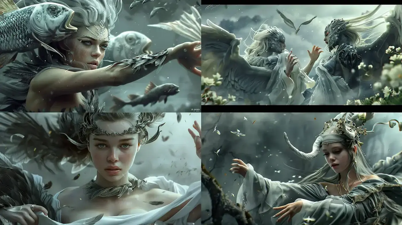 Ethereal and Mythical Imagery with Fluid Textures and Dreamlike Atmosphere - Midjourney sref style