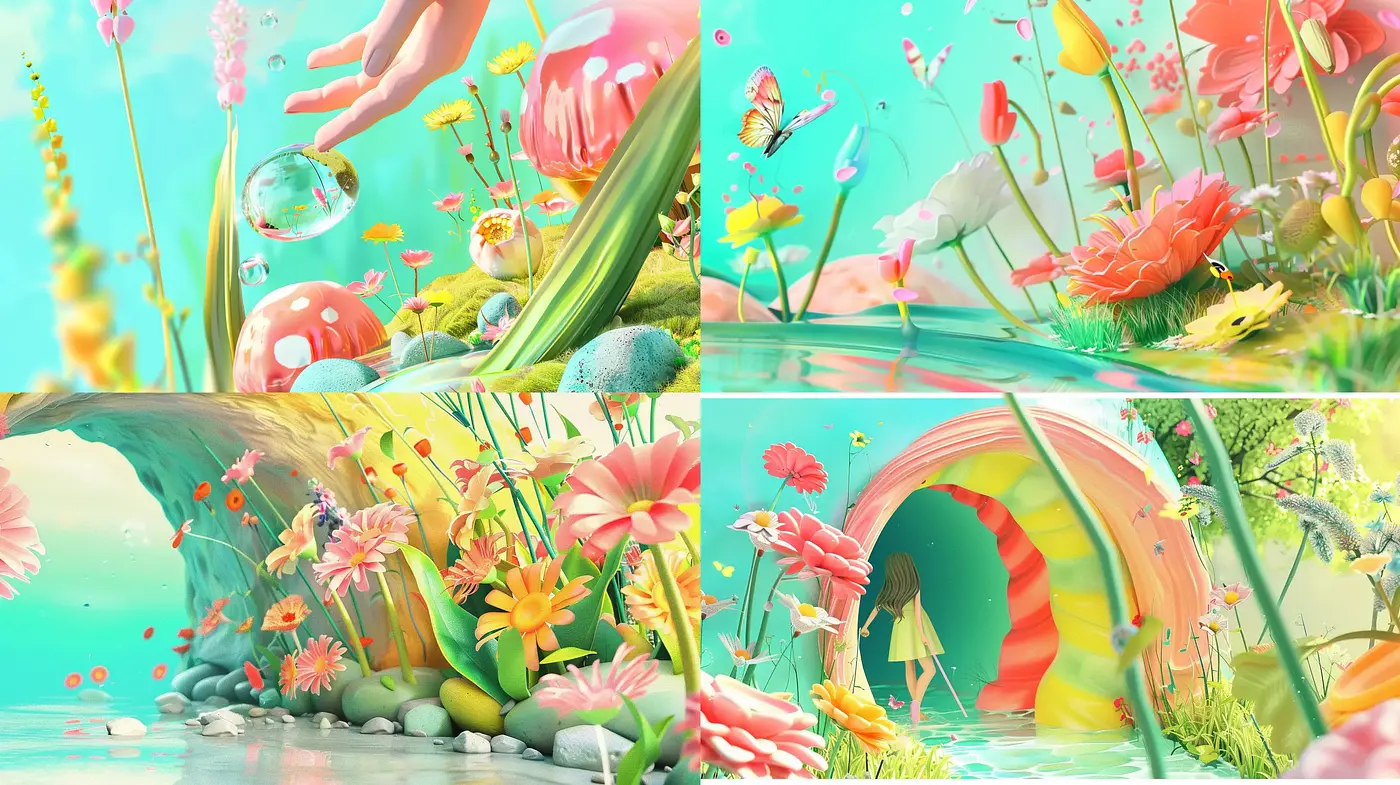 Ethereal Garden Dreamscape: A Synthesis of Fantastical Flora and Vibrant Vistas - Midjourney sref style